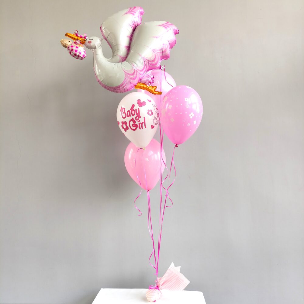 COMPOSITION OF BALLOONS WITH STORK PINK