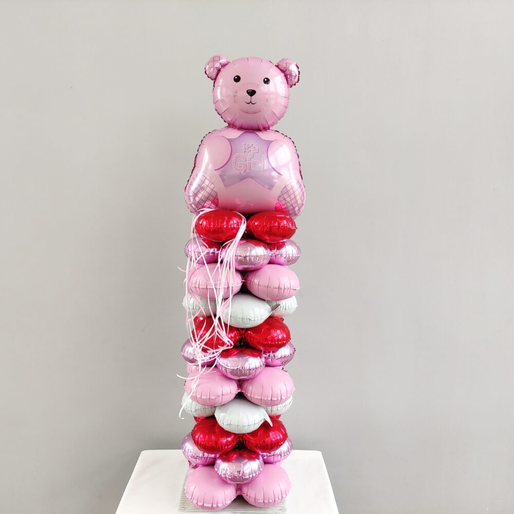COMPOSITION OF BALLOONS WITH BEAR PINK IN A COLUMN
