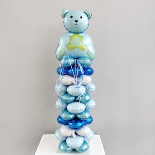 BALLOON SET WITH BLUE TEDDY BEAR IN COLUMN FOR NEWBORN BOYCOMPOSITION OF BALLOONS WITH BEAR BLUE IN A COLUMN