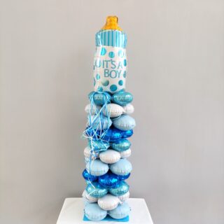 BLUE BOTTLE BALLOON COMPOSITION IN A COLUMN FOR A NEWBORN BOYCOMPOSITION OF BALLOONS WITH BOTTLE BLUE IN COLUMN
