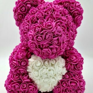ROSE BEAR WITH FUCHSIA ROSES WITH WHITE HEART 40 cmFUCHSIA ROSE BEAR 40 cm WITH WHITE HEART