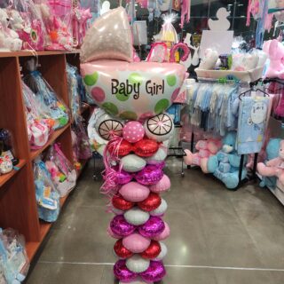 BALLOON ARRANGEMENT WITH A PINK STROLLER IN A COLUMN FOR A NEWBORN GIRLBALLOON ARRANGEMENT WITH A PINK STROLLER IN A COLUMN FOR A NEWBORN GIRL