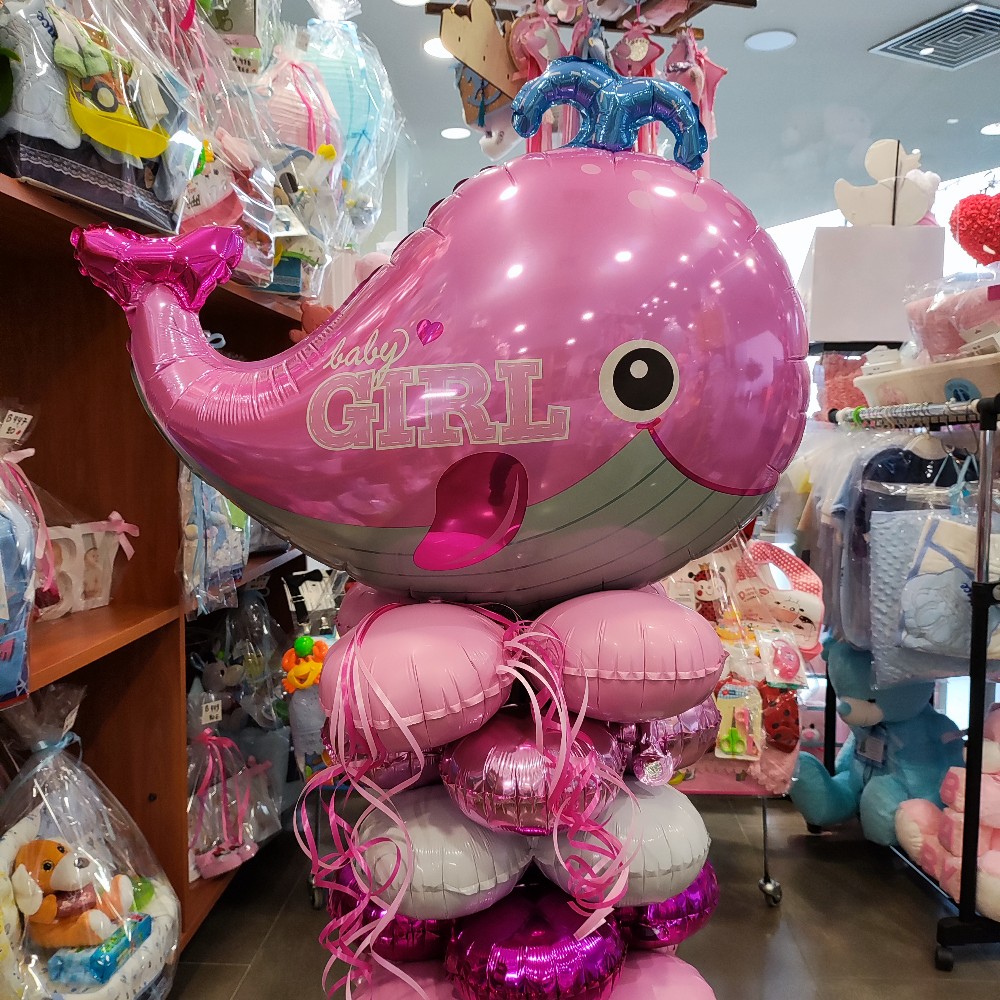 PINK FISH BALLOON COMPOSITION IN A COLUMN FOR A NEWBORN GIRL