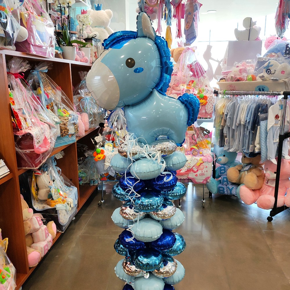 BLUE HORSE BALLOON COMPOSITION IN COLUMN FOR NEWBORN BOY