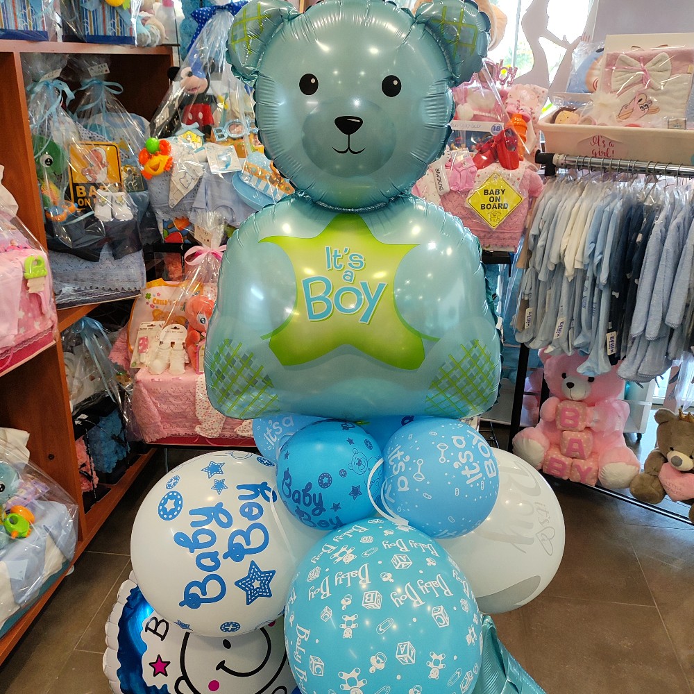 COMPOSITION OF BALLOONS WITH A BLUE TEDDY