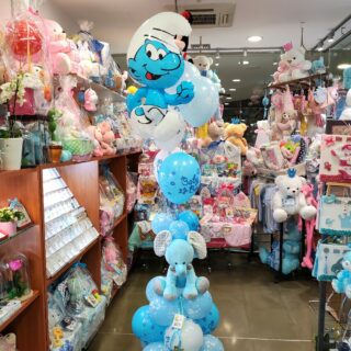 Smurf and teddy bear balloon composition gift for a newborn baby boy.ΣΕΤ ΜΠΛΕ